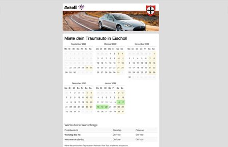 Weblösungen - Webdesign Erweiterung durch Module - Tesla-Vermietung mit Online-Buchung für Gemeinde Eischoll