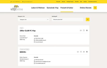 Weblösungen - Webdesign Erweiterung durch Module - Strukturierte Vereinsliste mit Excelexport für die Gemeinde Visp