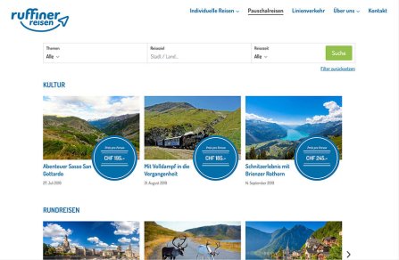 Weblösungen - Webdesign Erweiterung durch Module - KMU: Ruffiner Reisen mit Pauschalreisen