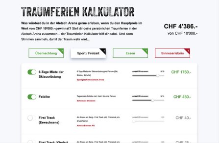 Weblösungen - Webdesign Erweiterung durch Module - Aletsch Arena mit Traumferienkalkulator