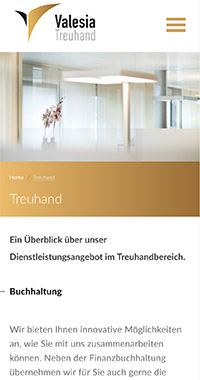 Homepage Valesia Group in Bern, Mobile Ansicht