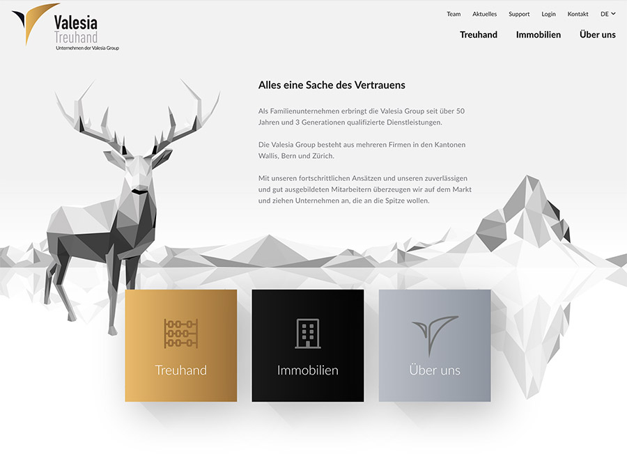 Homepage Valesia Group in Bern, Desktop Ansicht